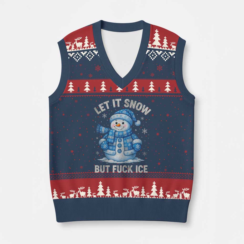 Anti ICE Xmas V-Neck Knit Sweater Vest Retro Blue Snowman Let It Snow But Fuck Ice - Wonder Print Shop