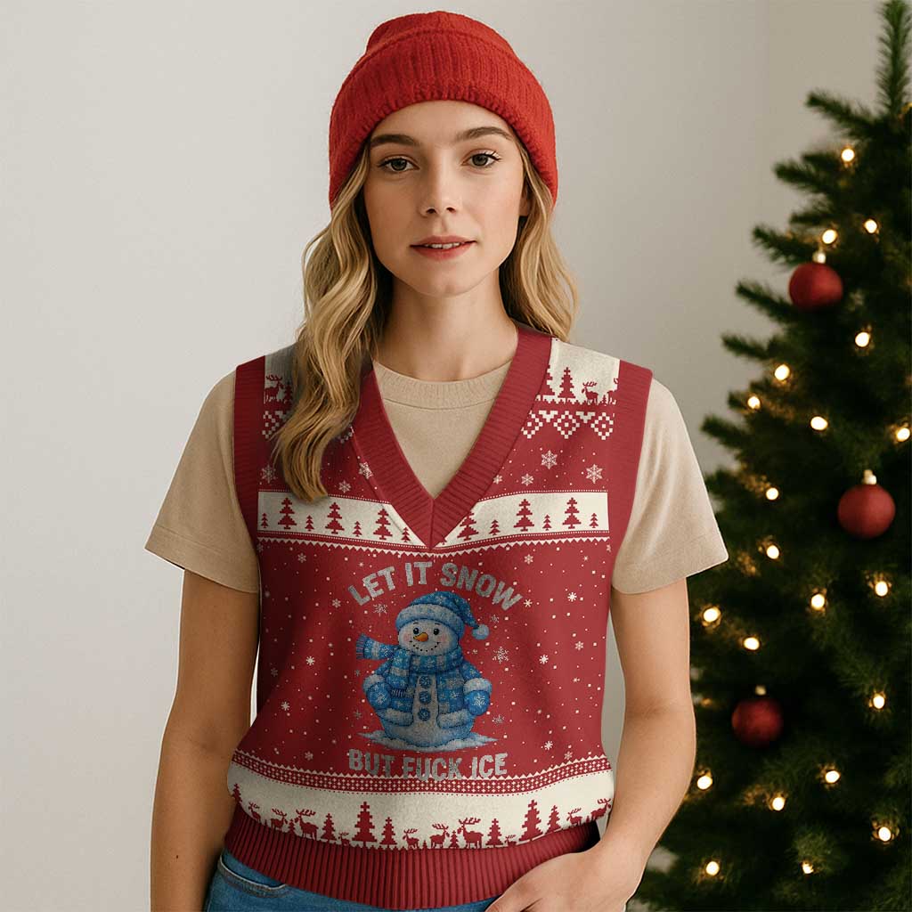 Anti ICE Xmas V-Neck Knit Sweater Vest Retro Blue Snowman Let It Snow But Fuck Ice - Wonder Print Shop