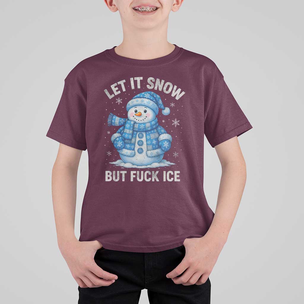 Anti ICE Christmas T Shirt For Kid Retro Blue Snowman Let It Snow But Fuck Ice - Wonder Print Shop