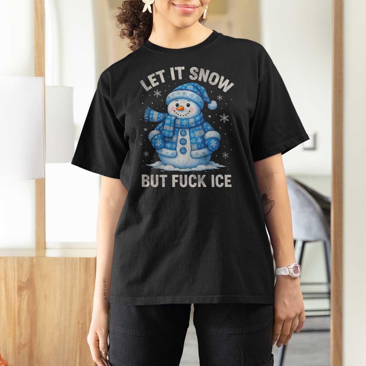 Anti ICE Christmas T Shirt For Women Retro Blue Snowman Let It Snow But Fuck Ice - Wonder Print Shop