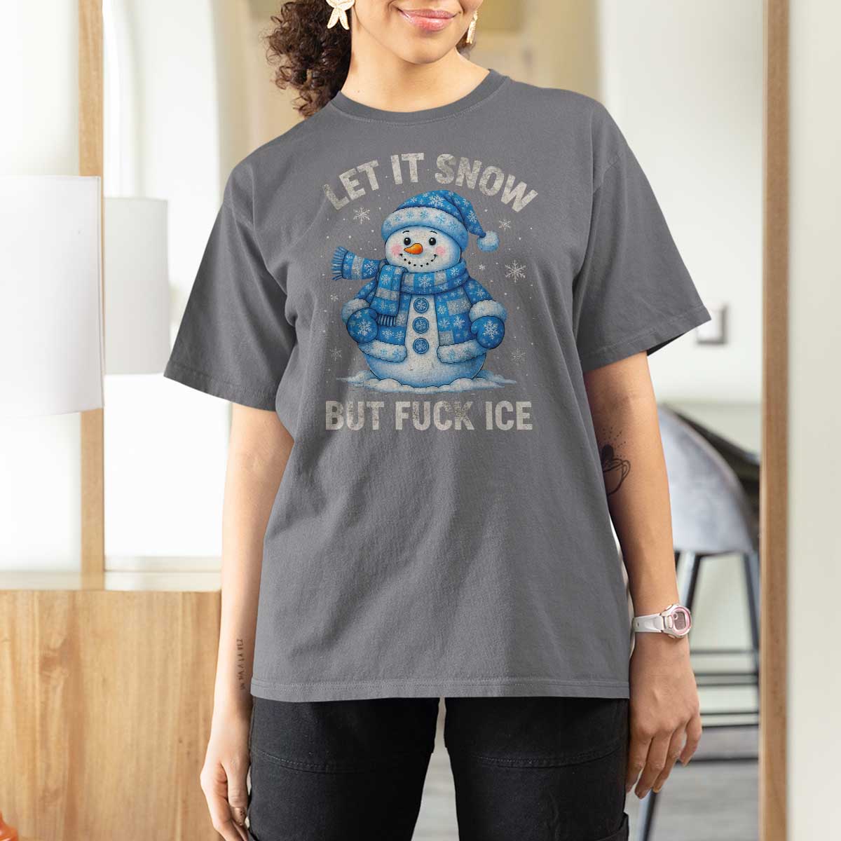 Anti ICE Christmas T Shirt For Women Retro Blue Snowman Let It Snow But Fuck Ice - Wonder Print Shop