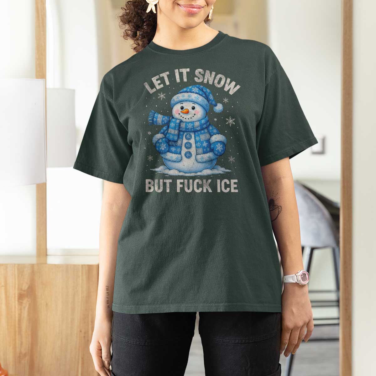 Anti ICE Christmas T Shirt For Women Retro Blue Snowman Let It Snow But Fuck Ice - Wonder Print Shop