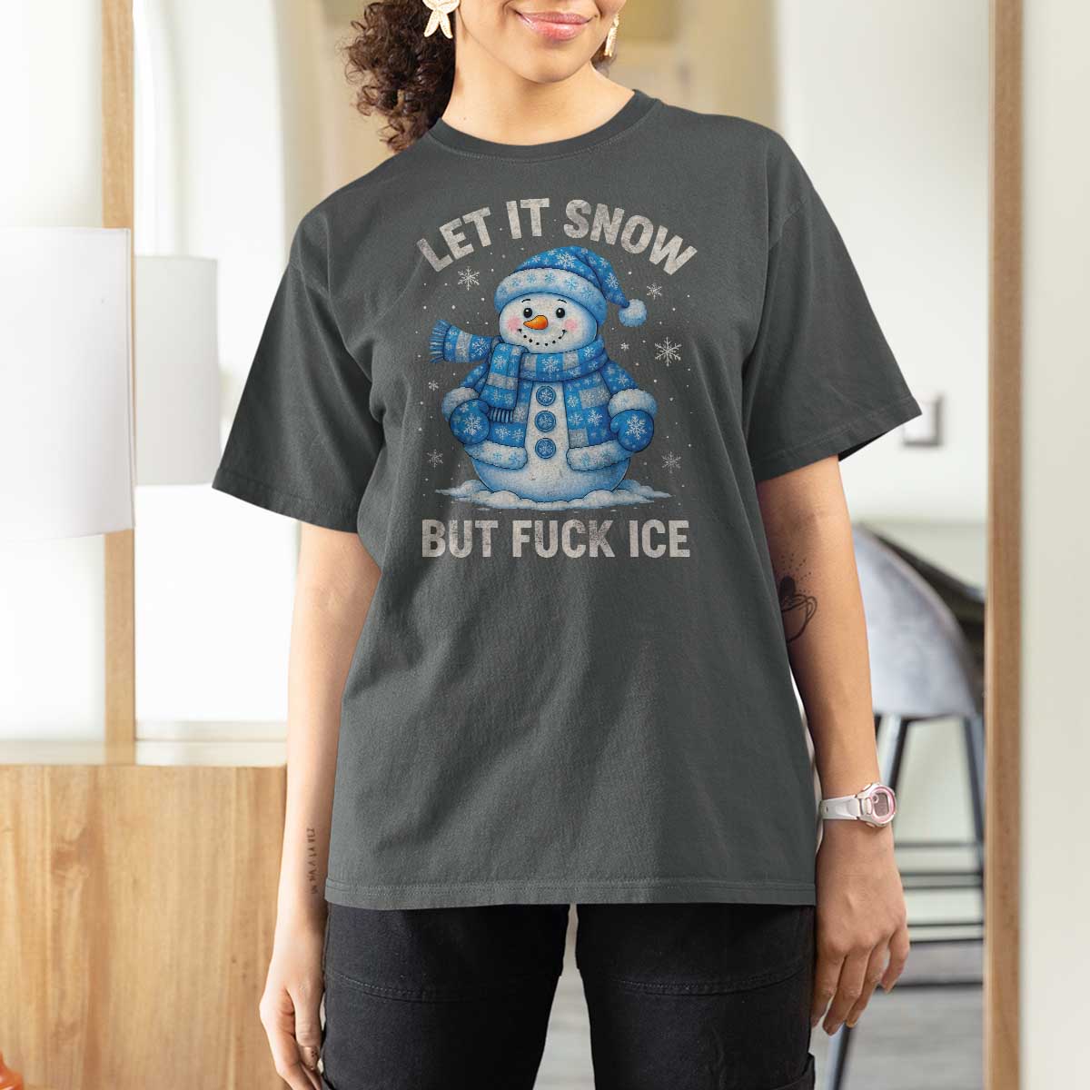 Anti ICE Christmas T Shirt For Women Retro Blue Snowman Let It Snow But Fuck Ice - Wonder Print Shop