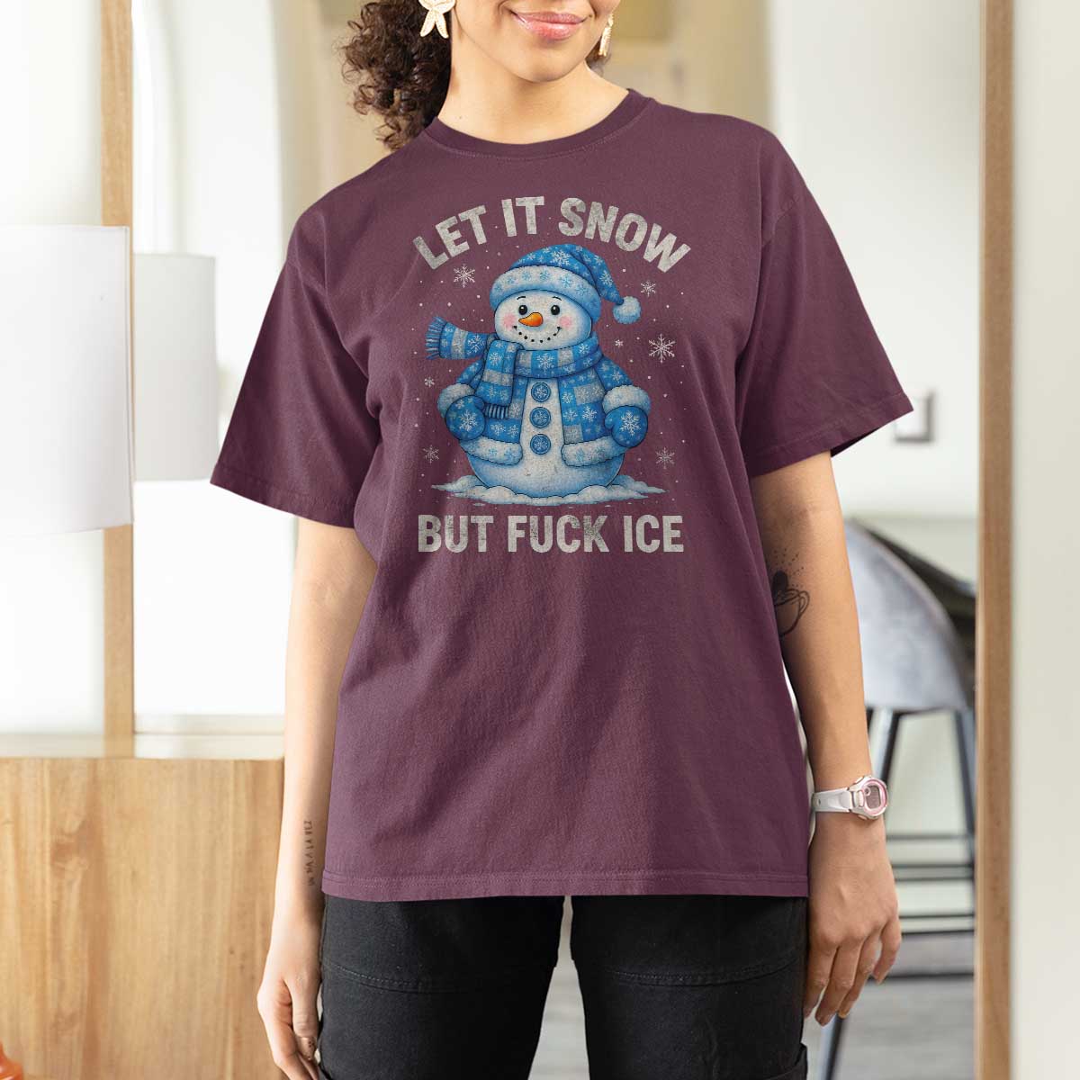 Anti ICE Christmas T Shirt For Women Retro Blue Snowman Let It Snow But Fuck Ice - Wonder Print Shop
