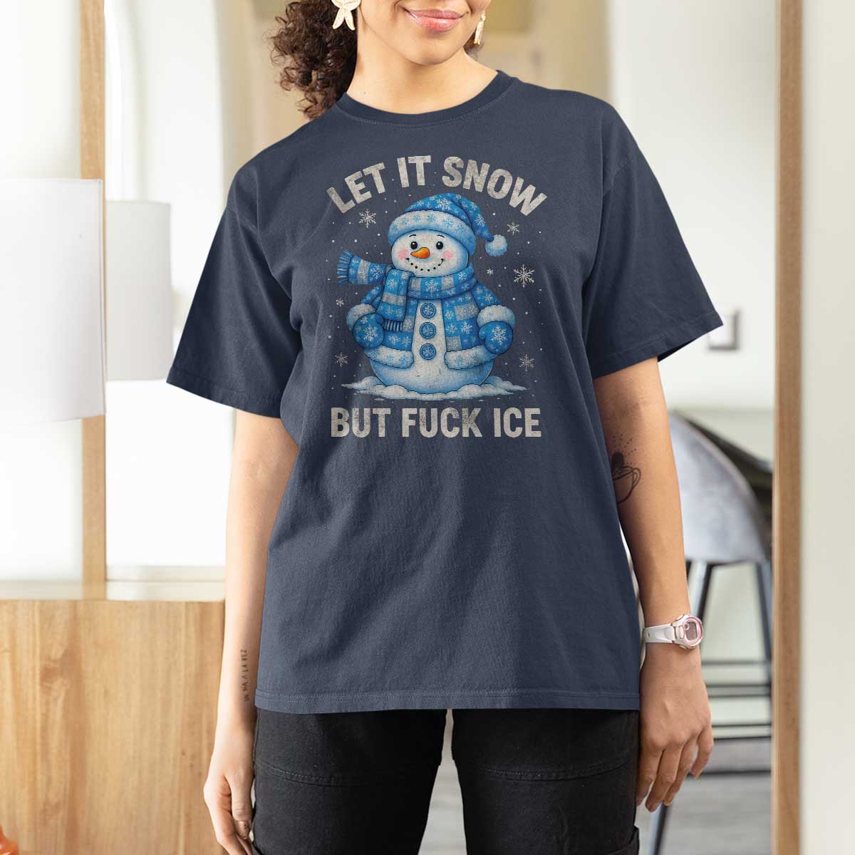 Anti ICE Christmas T Shirt For Women Retro Blue Snowman Let It Snow But Fuck Ice - Wonder Print Shop