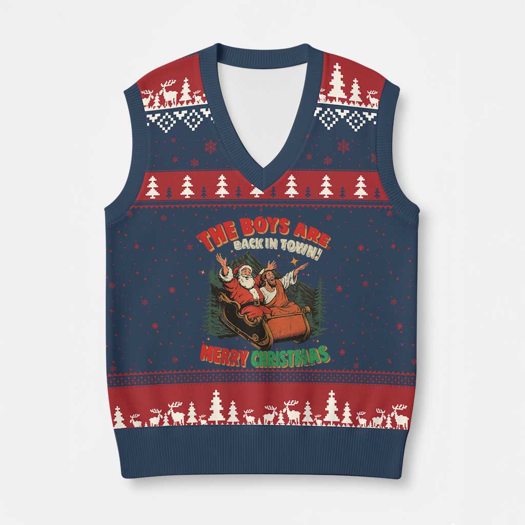 The Boys Are Back in Town Xmas V-Neck Knit Sweater Vest Funny Santa Jesus - Wonder Print Shop