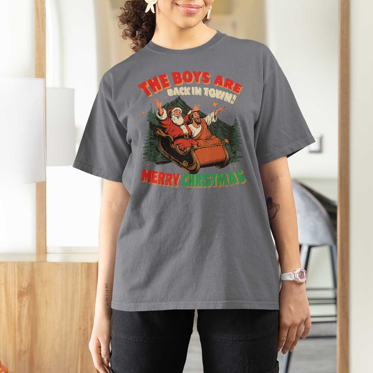 The Boys Are Back in Town Christmas T Shirt For Women Funny Santa Jesus - Wonder Print Shop