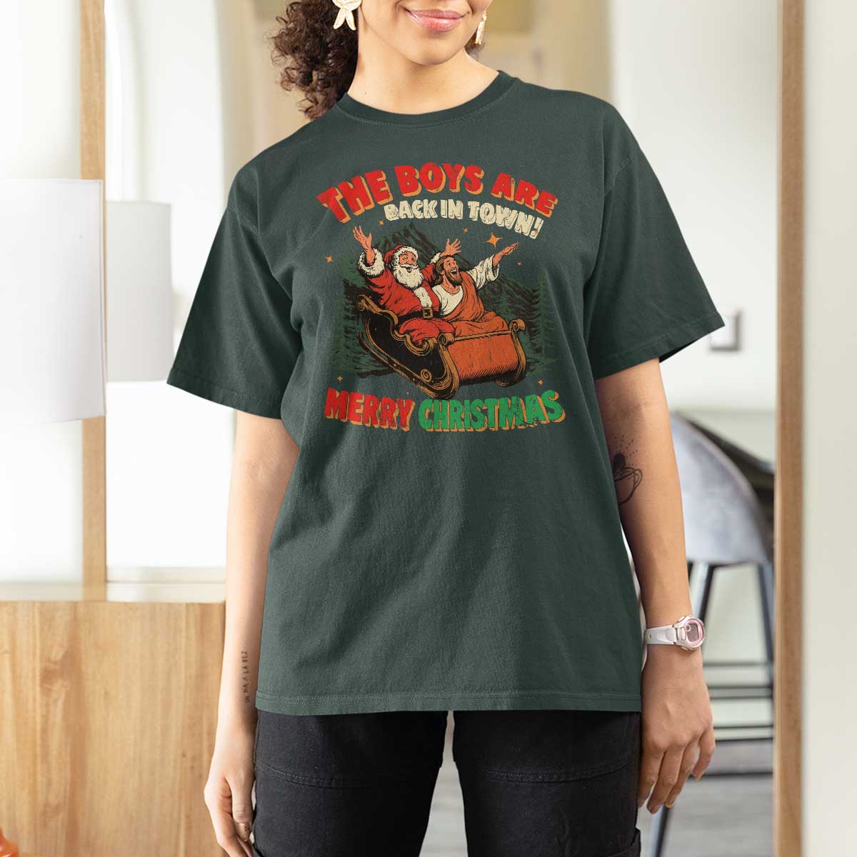 The Boys Are Back in Town Christmas T Shirt For Women Funny Santa Jesus - Wonder Print Shop
