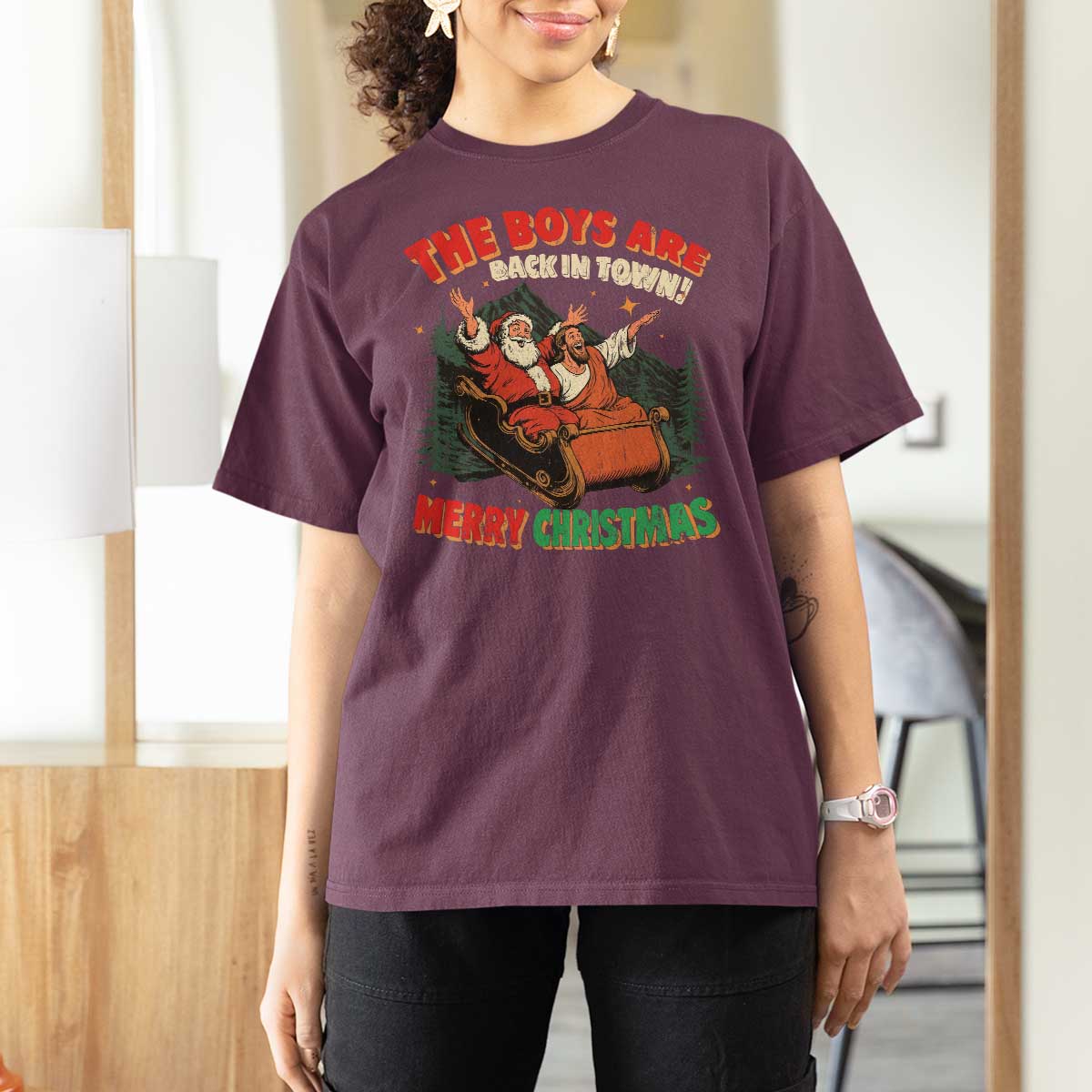 The Boys Are Back in Town Christmas T Shirt For Women Funny Santa Jesus - Wonder Print Shop