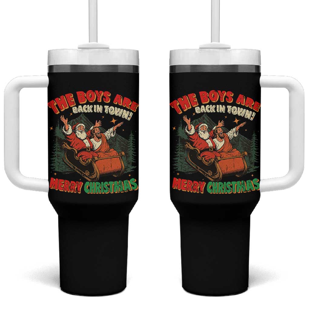 The Boys Are Back in Town Christmas Tumbler With Handle Funny Santa Jesus - Wonder Print Shop