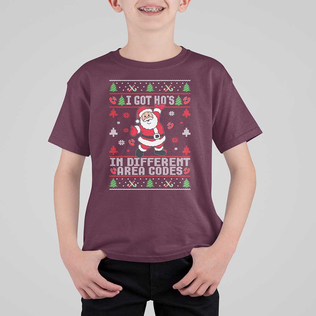 Funny Santa Ugly Christmas T Shirt For Kid I Got Hos in Different Area Codes - Wonder Print Shop