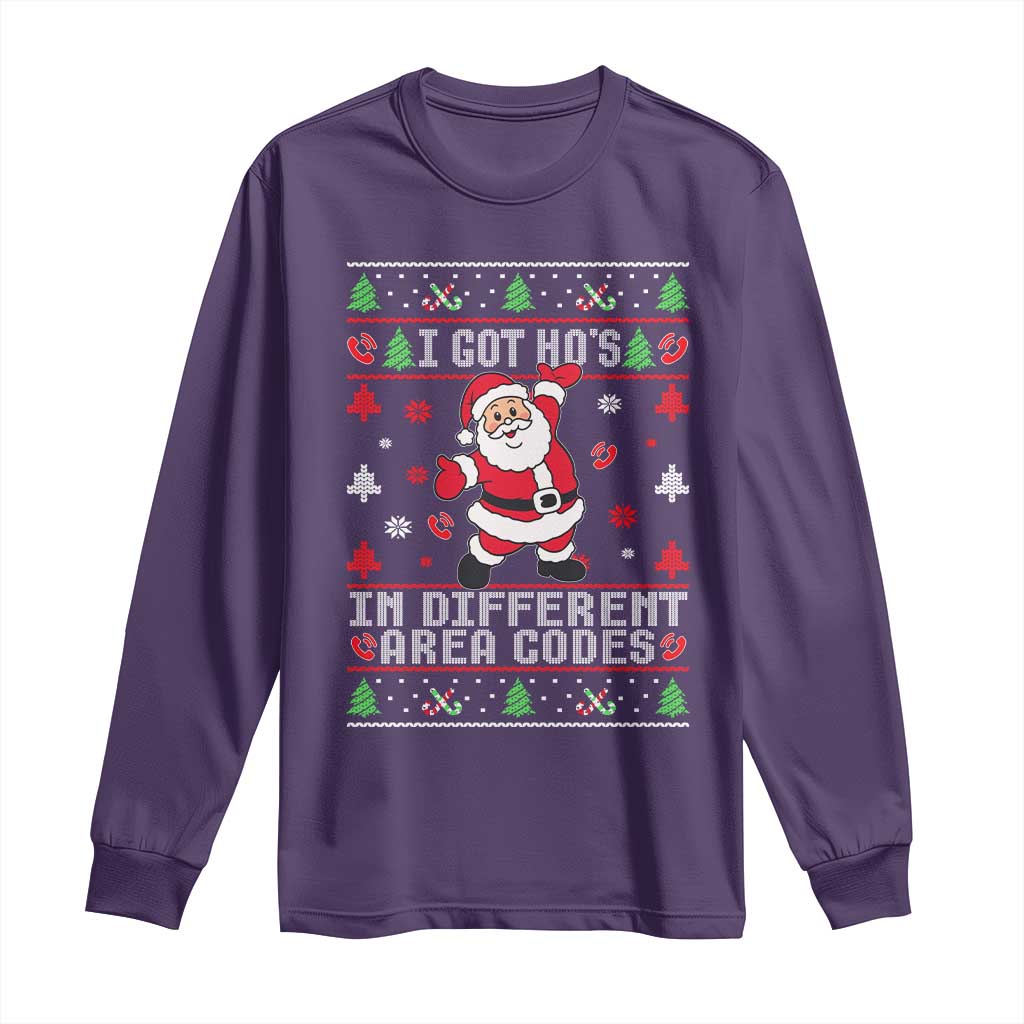 Funny Santa Ugly Christmas Long Sleeve Shirt I Got Hos in Different Area Codes - Wonder Print Shop
