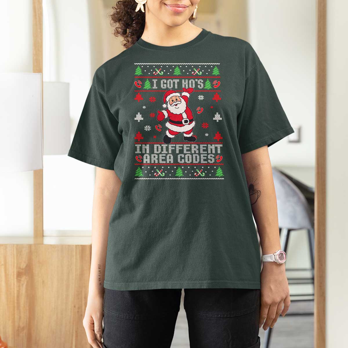 Funny Santa Ugly Christmas T Shirt For Women I Got Hos in Different Area Codes - Wonder Print Shop