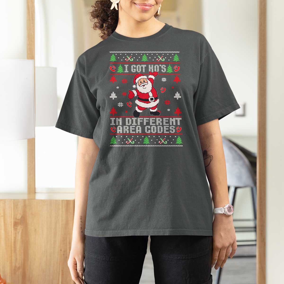Funny Santa Ugly Christmas T Shirt For Women I Got Hos in Different Area Codes - Wonder Print Shop