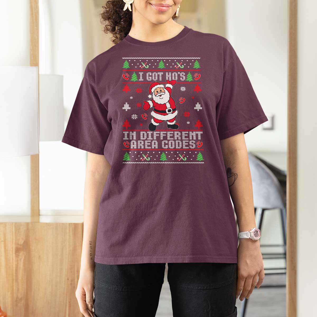 Funny Santa Ugly Christmas T Shirt For Women I Got Hos in Different Area Codes - Wonder Print Shop