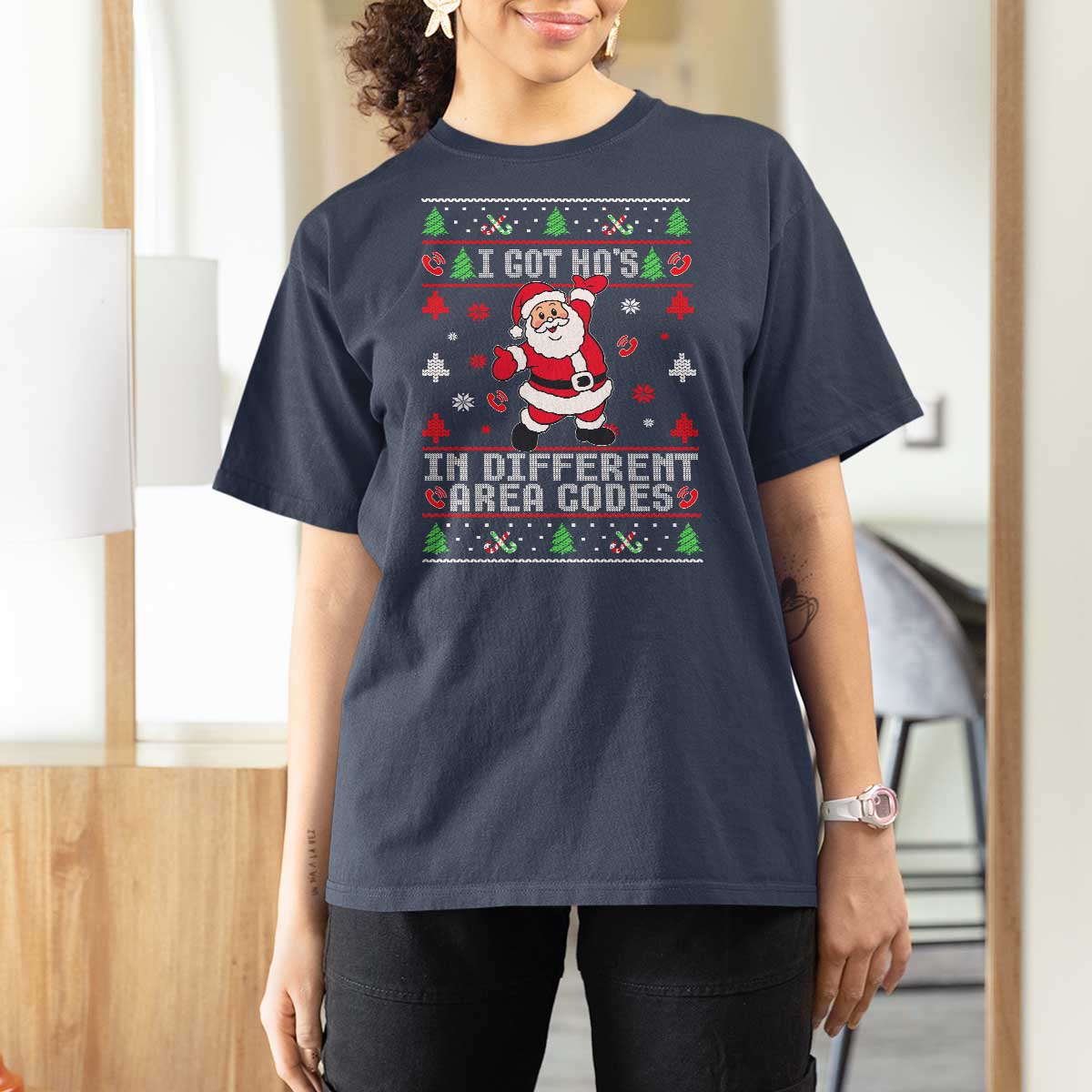 Funny Santa Ugly Christmas T Shirt For Women I Got Hos in Different Area Codes - Wonder Print Shop