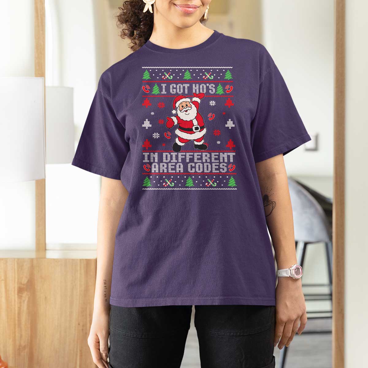 Funny Santa Ugly Christmas T Shirt For Women I Got Hos in Different Area Codes - Wonder Print Shop