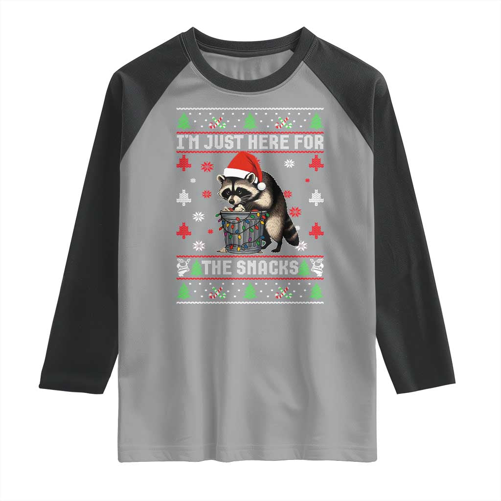 Funny Raccoon Ugly Christmas Raglan Shirt I'm Just Here for The Snacks Cute Trash Panda - Wonder Print Shop