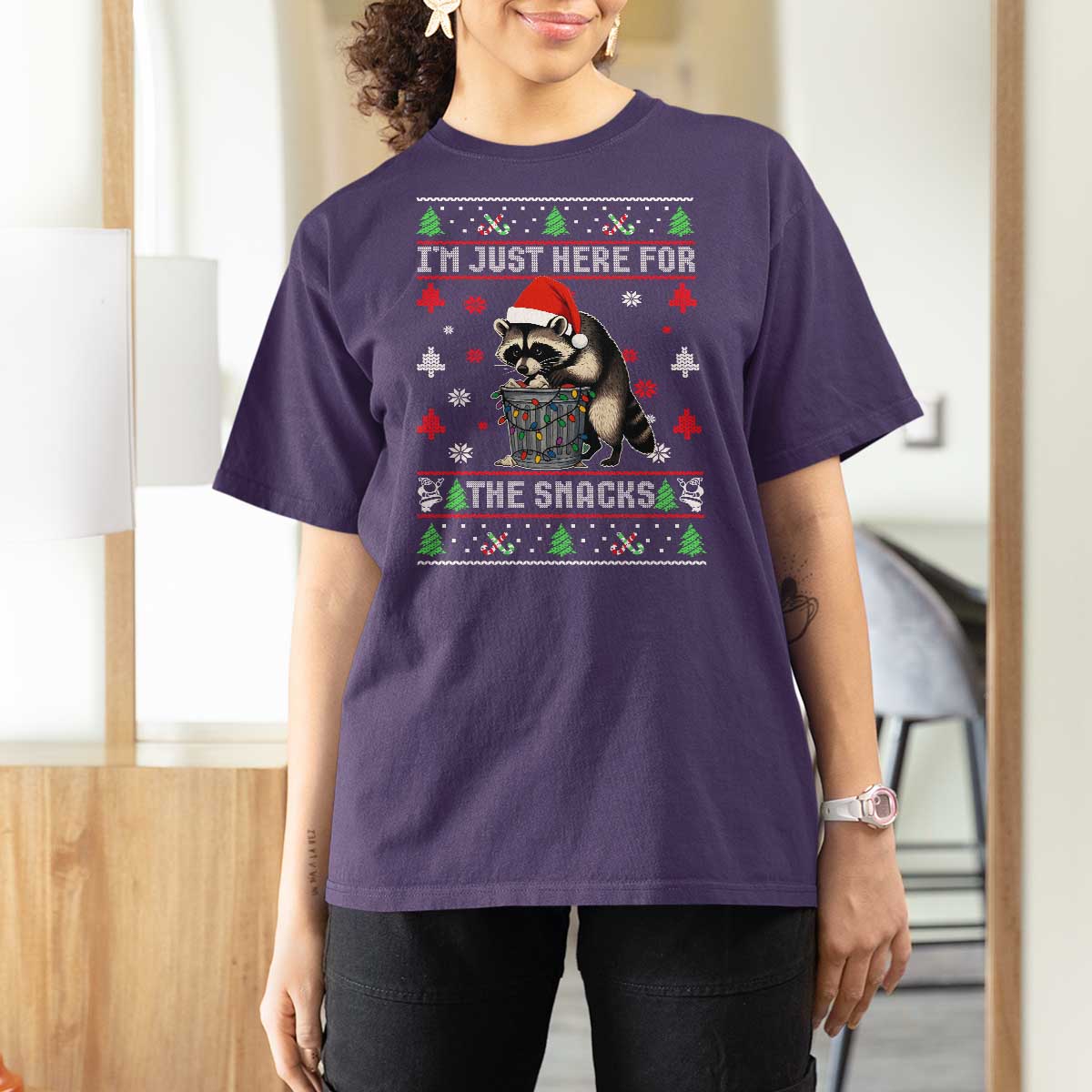 Funny Raccoon Ugly Christmas T Shirt For Women I'm Just Here for The Snacks Cute Trash Panda - Wonder Print Shop