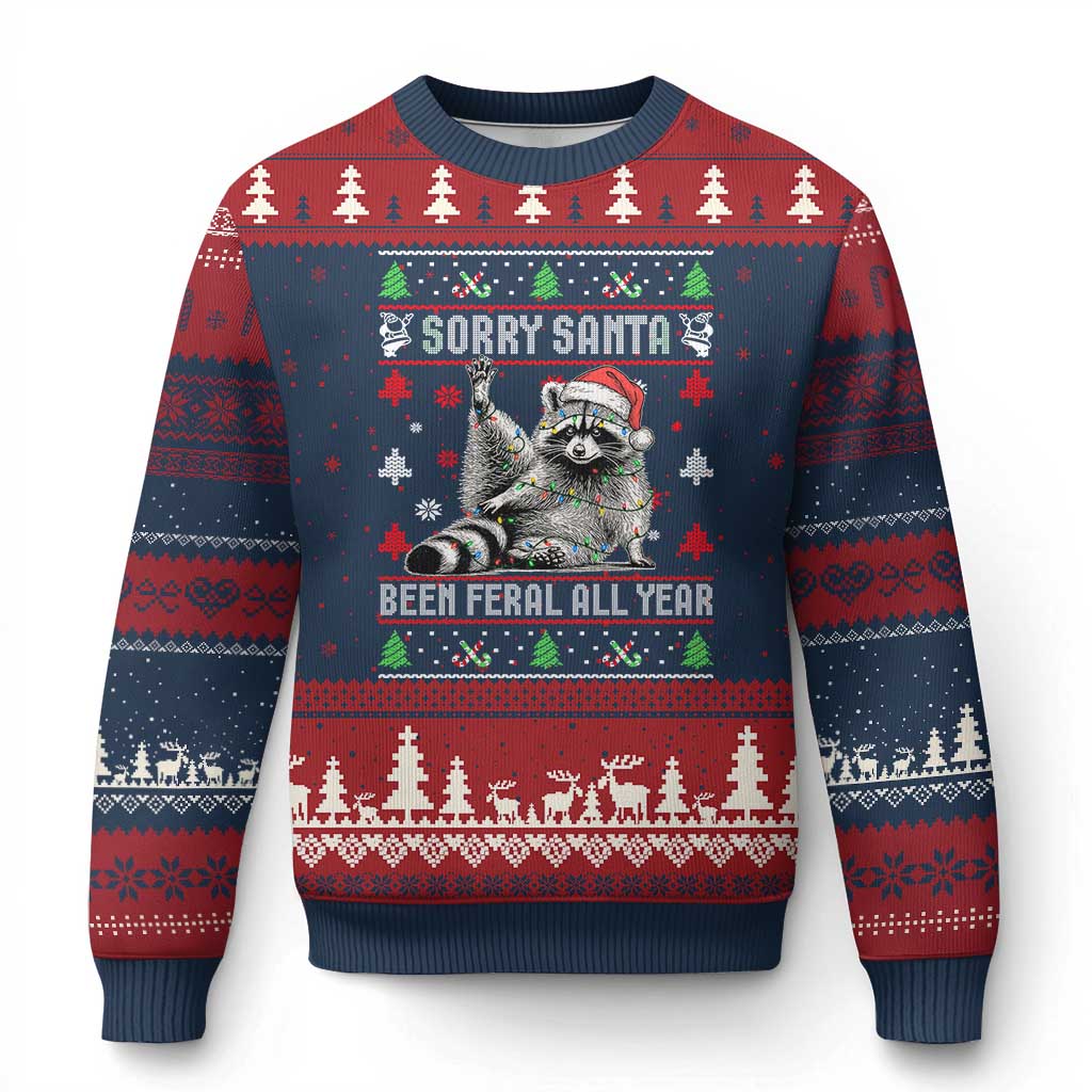 Funny Raccoon Ugly Xmas Ugly Christmas Sweater Cute Trash Panda Sorry Santa Been Feral All Year - Wonder Print Shop