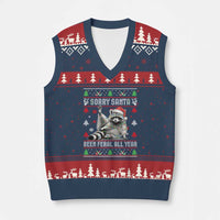 Funny Raccoon Ugly Xmas V-Neck Knit Sweater Vest Cute Trash Panda Sorry Santa Been Feral All Year - Wonder Print Shop
