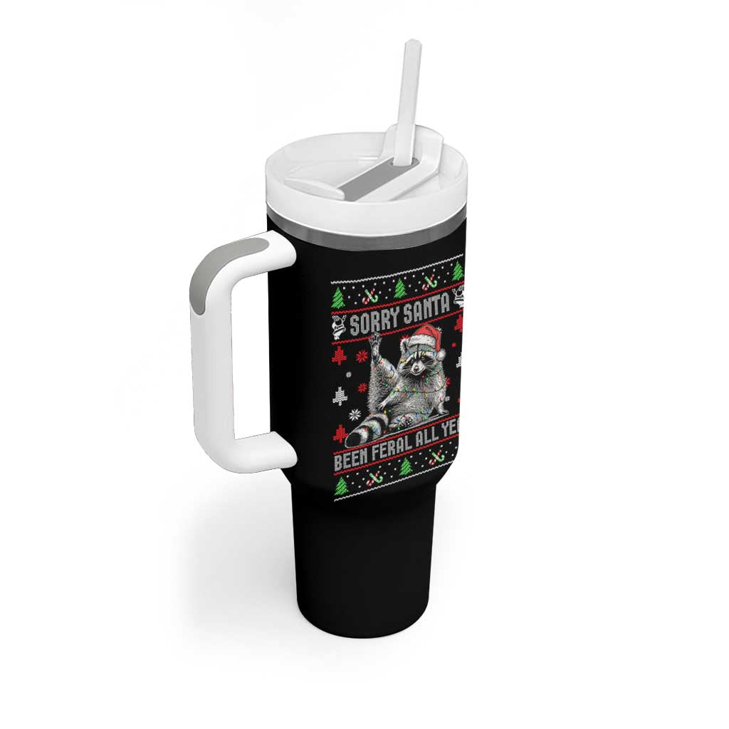 Funny Raccoon Ugly Christmas Tumbler With Handle Cute Trash Panda Sorry Santa Been Feral All Year - Wonder Print Shop
