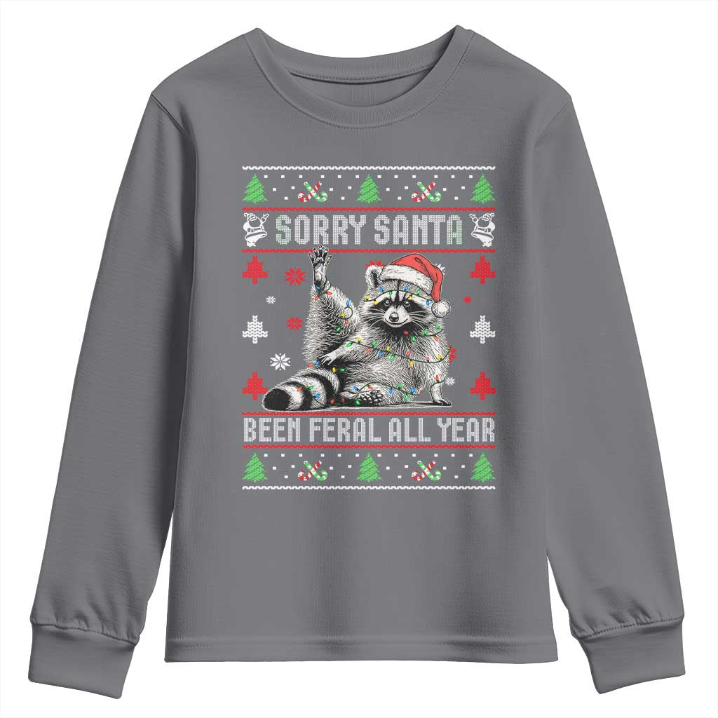 Funny Raccoon Ugly Christmas Youth Sweatshirt Cute Trash Panda Sorry Santa Been Feral All Year - Wonder Print Shop