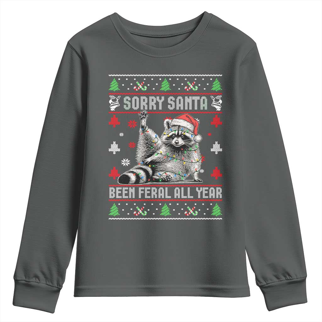 Funny Raccoon Ugly Christmas Youth Sweatshirt Cute Trash Panda Sorry Santa Been Feral All Year - Wonder Print Shop