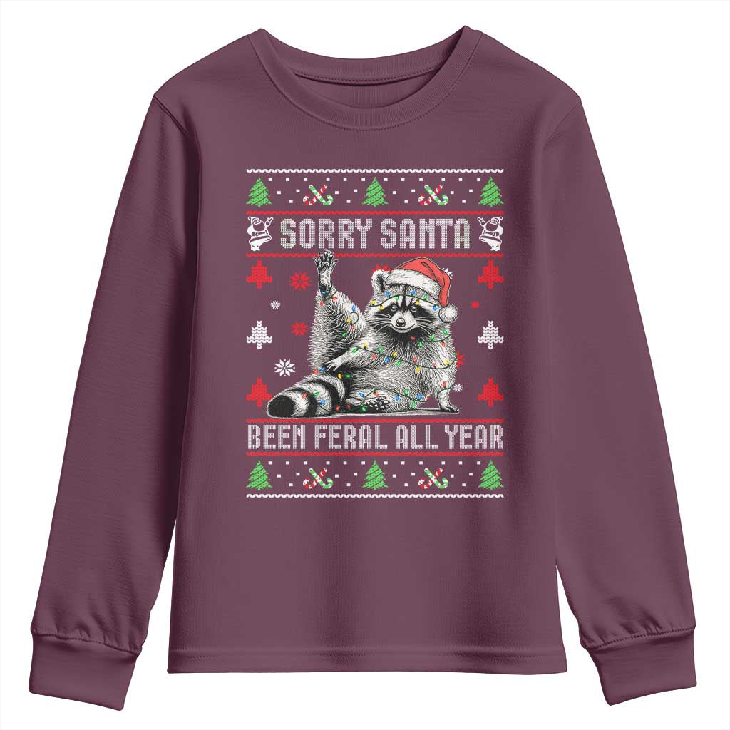 Funny Raccoon Ugly Christmas Youth Sweatshirt Cute Trash Panda Sorry Santa Been Feral All Year - Wonder Print Shop