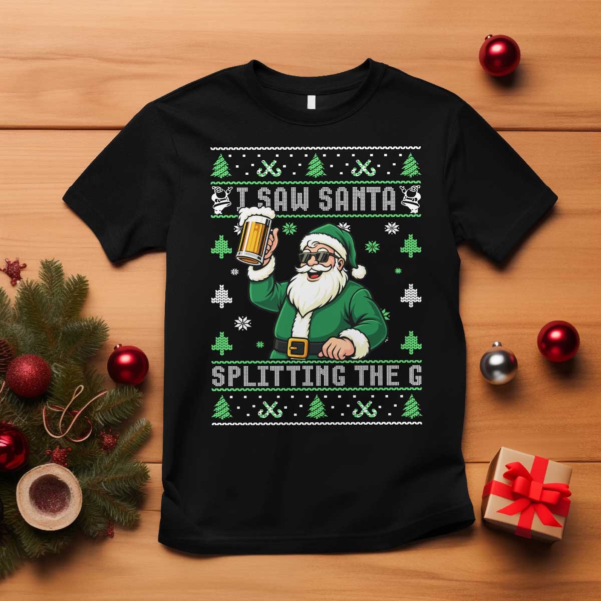 Funny Santa Ugly Christmas T Shirt Drinking Beer Splitting G Inappropriate Adult Humor - Wonder Print Shop