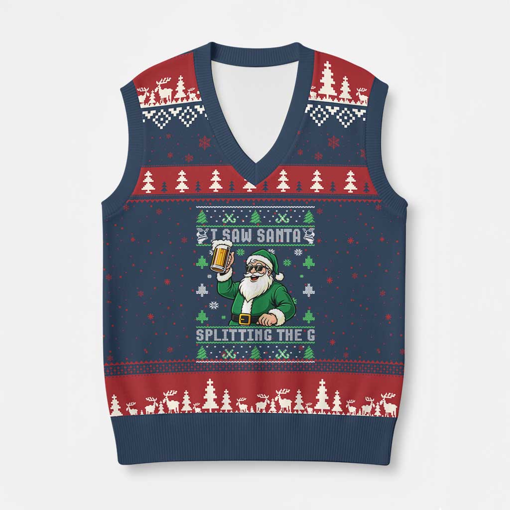 Funny Santa Ugly Xmas V-Neck Knit Sweater Vest Drinking Beer Splitting G Inappropriate Adult Humor - Wonder Print Shop