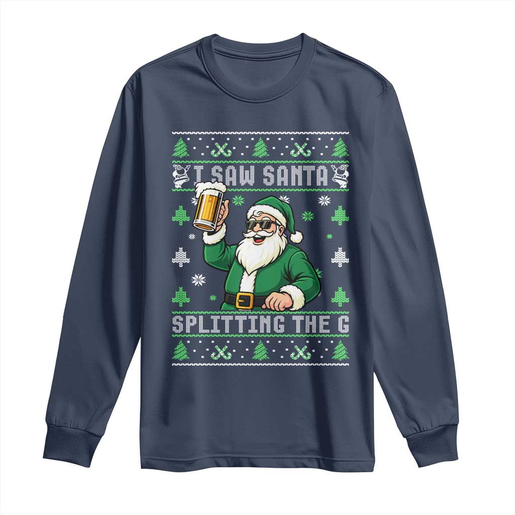 Funny Santa Ugly Christmas Long Sleeve Shirt Drinking Beer Splitting G Inappropriate Adult Humor - Wonder Print Shop