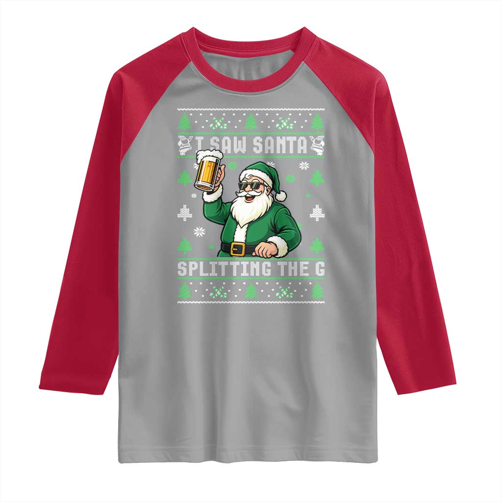 Funny Santa Ugly Christmas Raglan Shirt Drinking Beer Splitting G Inappropriate Adult Humor - Wonder Print Shop