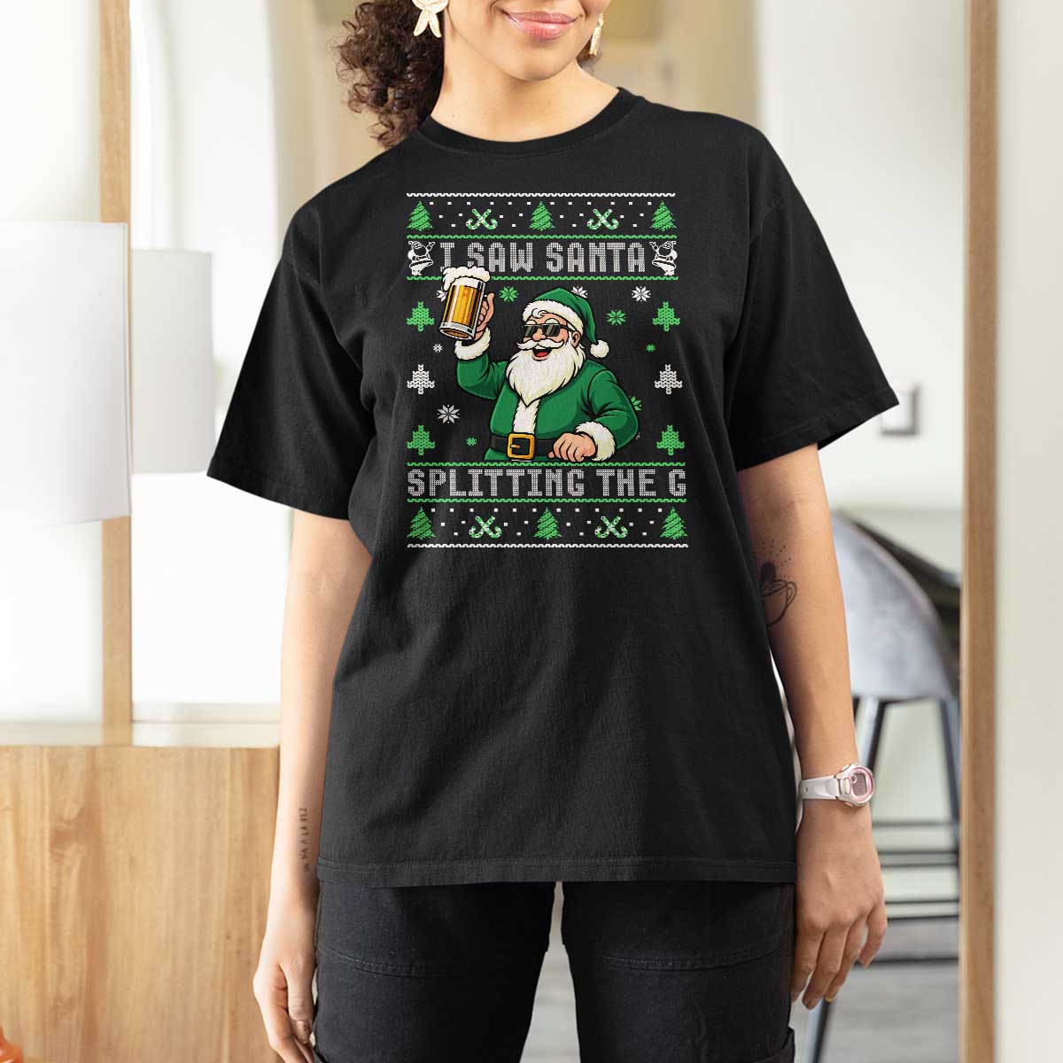 Funny Santa Ugly Christmas T Shirt For Women Drinking Beer Splitting G Inappropriate Adult Humor - Wonder Print Shop
