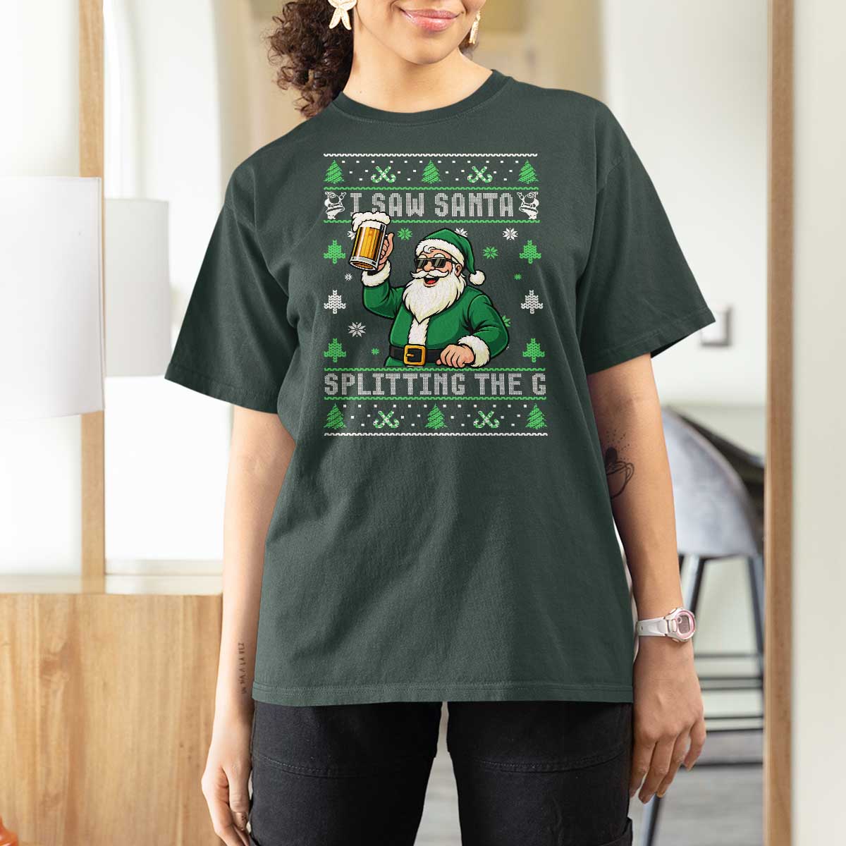 Funny Santa Ugly Christmas T Shirt For Women Drinking Beer Splitting G Inappropriate Adult Humor - Wonder Print Shop