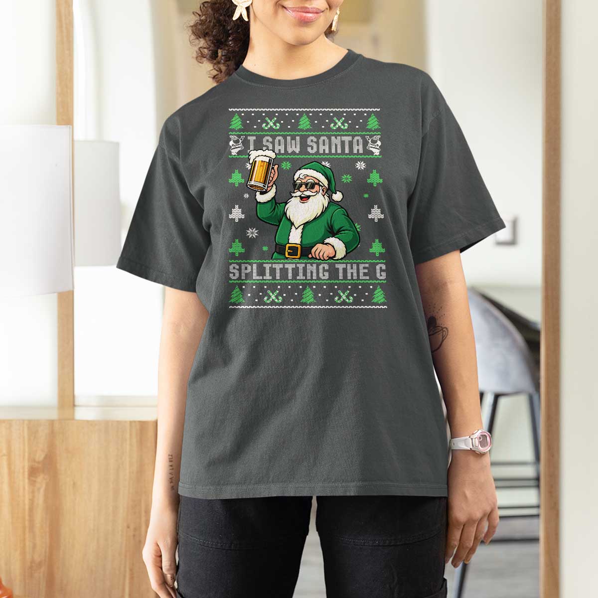 Funny Santa Ugly Christmas T Shirt For Women Drinking Beer Splitting G Inappropriate Adult Humor - Wonder Print Shop