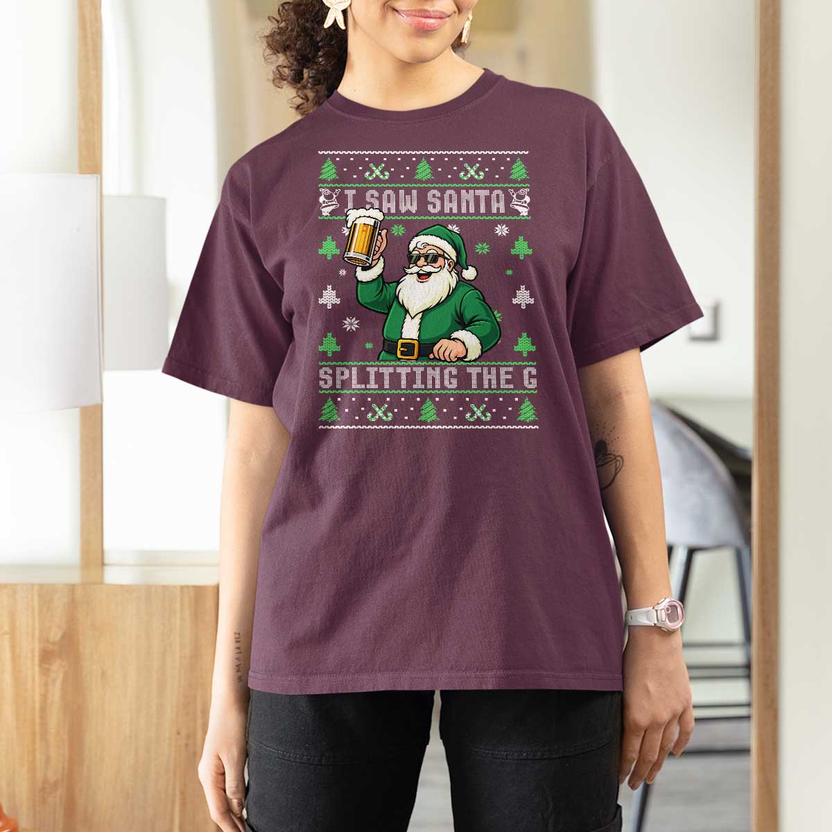 Funny Santa Ugly Christmas T Shirt For Women Drinking Beer Splitting G Inappropriate Adult Humor - Wonder Print Shop