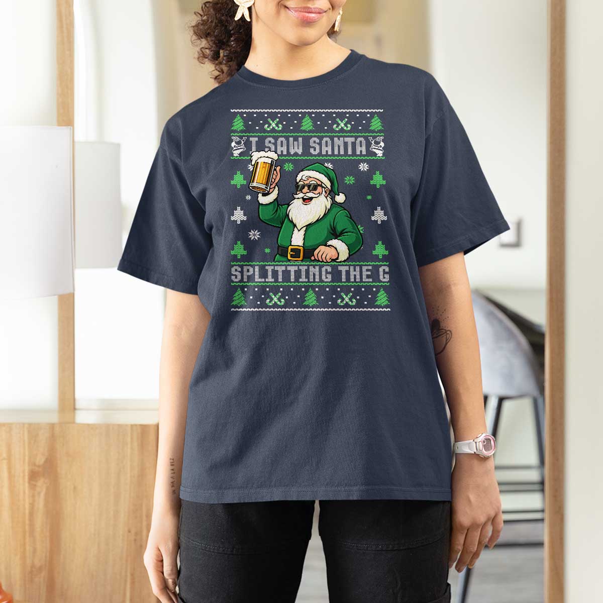 Funny Santa Ugly Christmas T Shirt For Women Drinking Beer Splitting G Inappropriate Adult Humor - Wonder Print Shop
