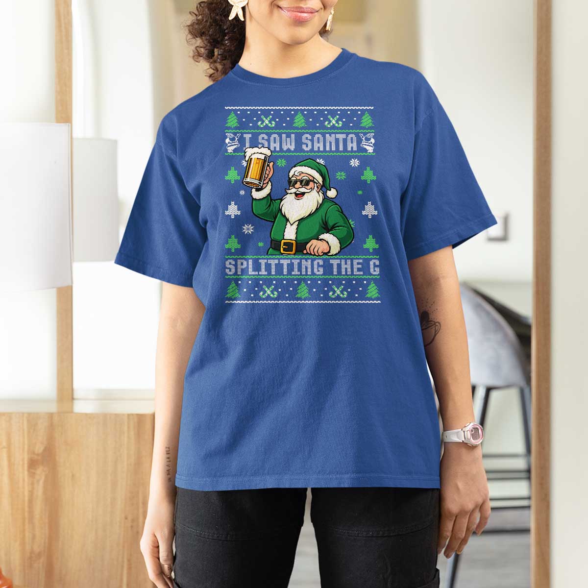 Funny Santa Ugly Christmas T Shirt For Women Drinking Beer Splitting G Inappropriate Adult Humor - Wonder Print Shop
