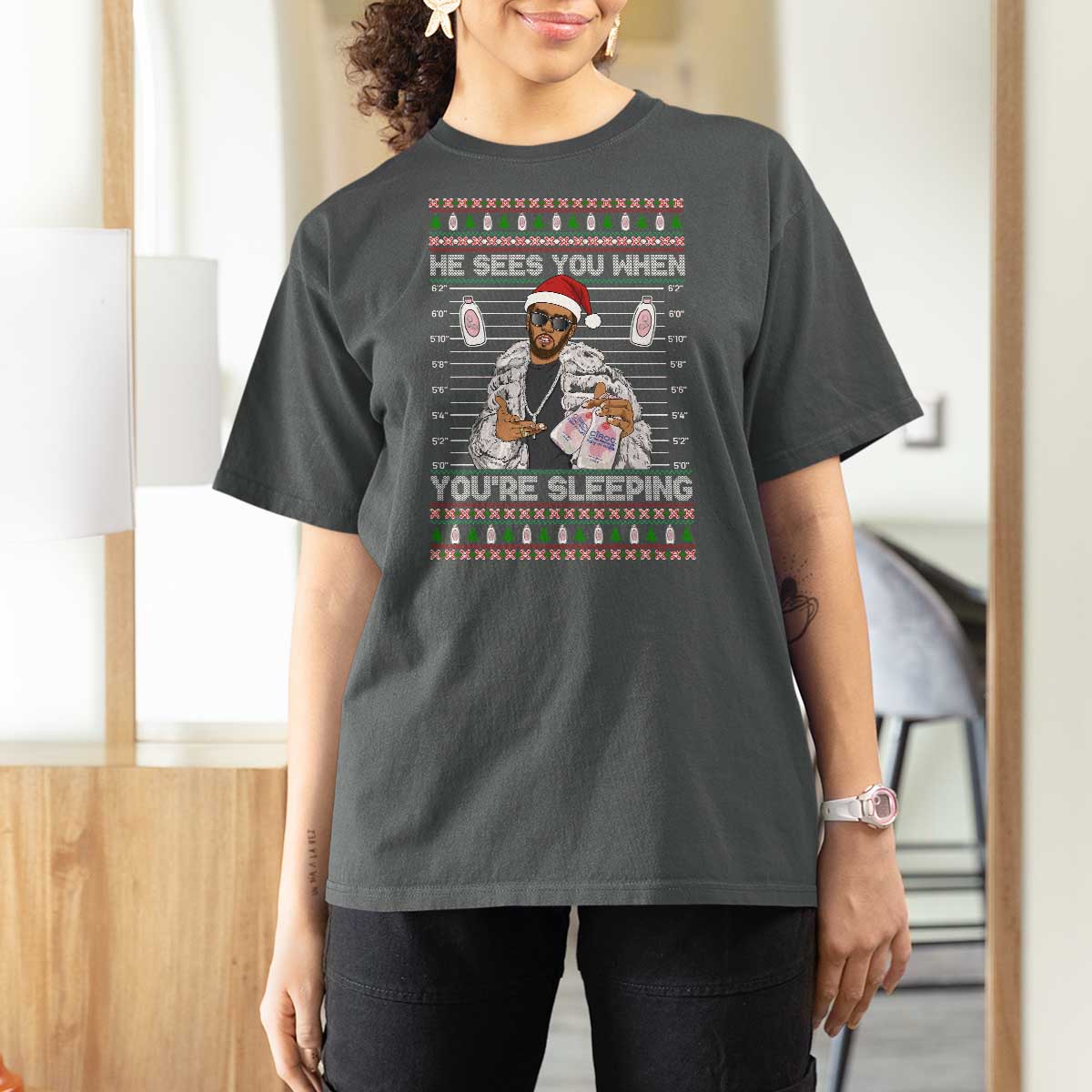 Funny Christmas Diddy T Shirt For Women Diddy Sees You When Youre Sleeping Ugly Xmas - Wonder Print Shop
