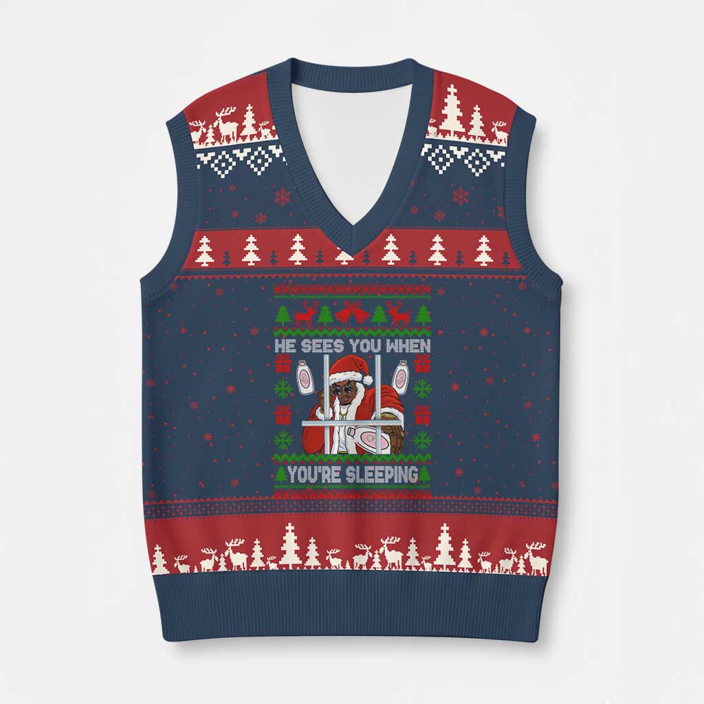 Funny Xmas Diddy V-Neck Knit Sweater Vest Diddy Sees You When Youre Sleeping Dirty Ugly Xmas - Wonder Print Shop