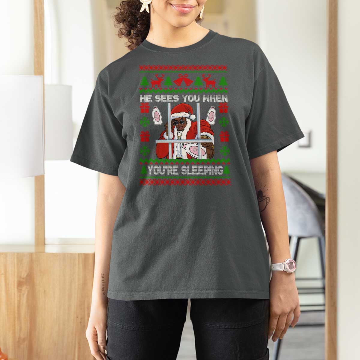 Funny Christmas Diddy T Shirt For Women Diddy Sees You When Youre Sleeping Dirty Ugly Xmas - Wonder Print Shop