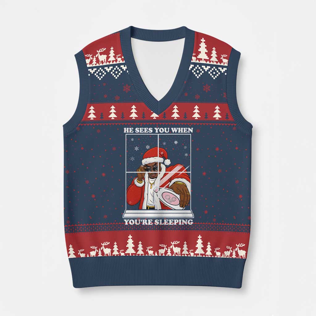 Funny Xmas Diddy V-Neck Knit Sweater Vest He Sees You When Youre Sleeping Dirty Ugly Xmas - Wonder Print Shop