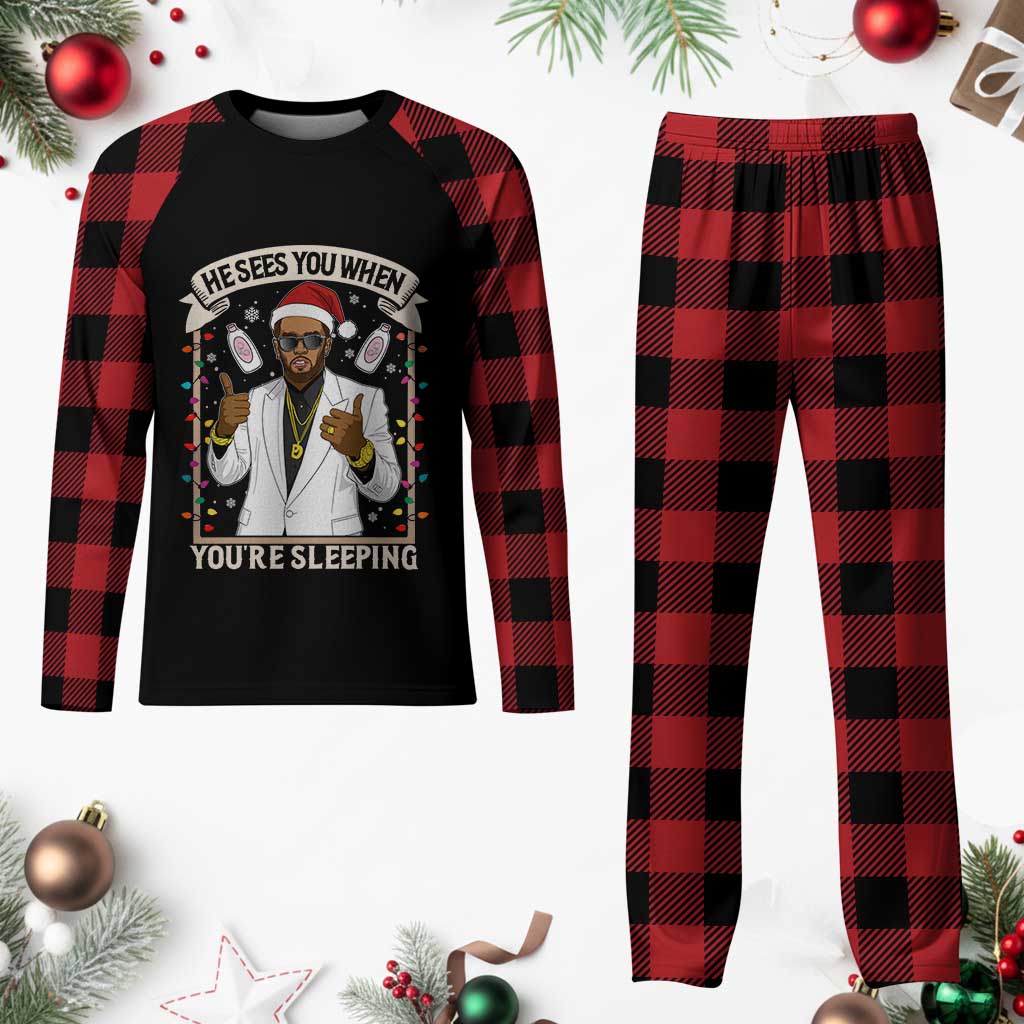 Funny Christmas Diddy Plaid Pajama Set He Sees You When Youre Sleeping Dirty Xmas Lights - Wonder Print Shop