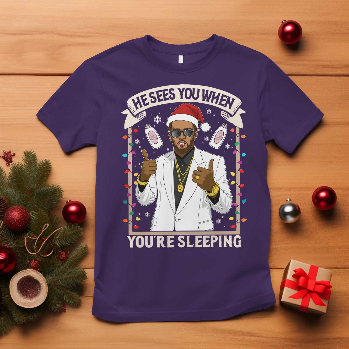Funny Christmas Diddy T Shirt He Sees You When Youre Sleeping Dirty Xmas Lights - Wonder Print Shop