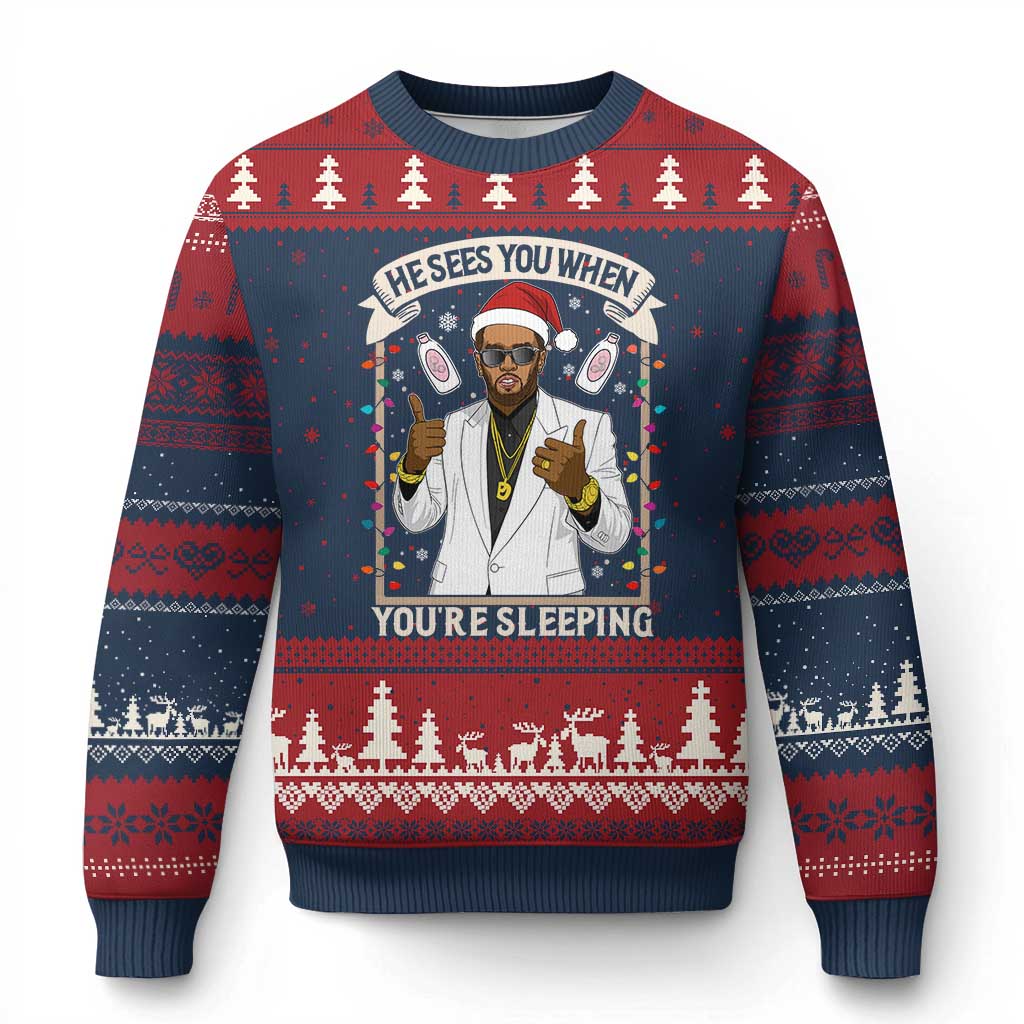 Funny Xmas Diddy Ugly Christmas Sweater He Sees You When Youre Sleeping Dirty Xmas Lights - Wonder Print Shop