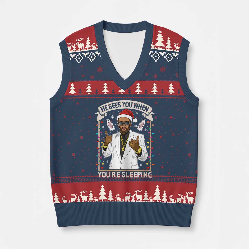 Funny Xmas Diddy V-Neck Knit Sweater Vest He Sees You When Youre Sleeping Dirty Xmas Lights - Wonder Print Shop