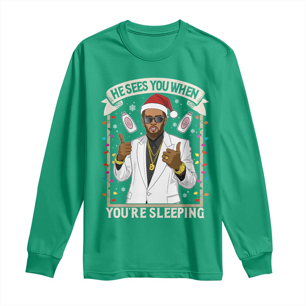 Funny Christmas Diddy Long Sleeve Shirt He Sees You When Youre Sleeping Dirty Xmas Lights - Wonder Print Shop