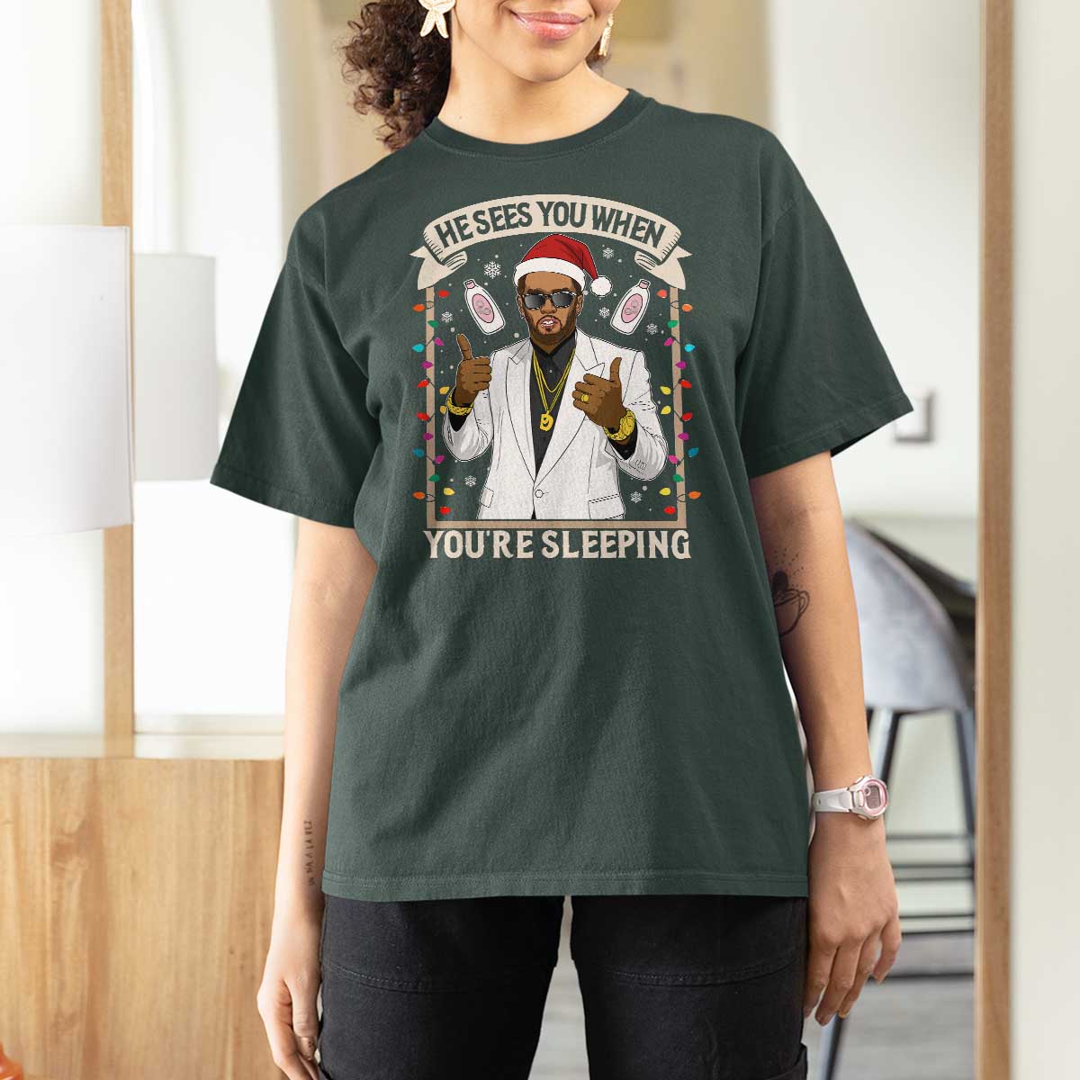 Funny Christmas Diddy T Shirt For Women He Sees You When Youre Sleeping Dirty Xmas Lights - Wonder Print Shop