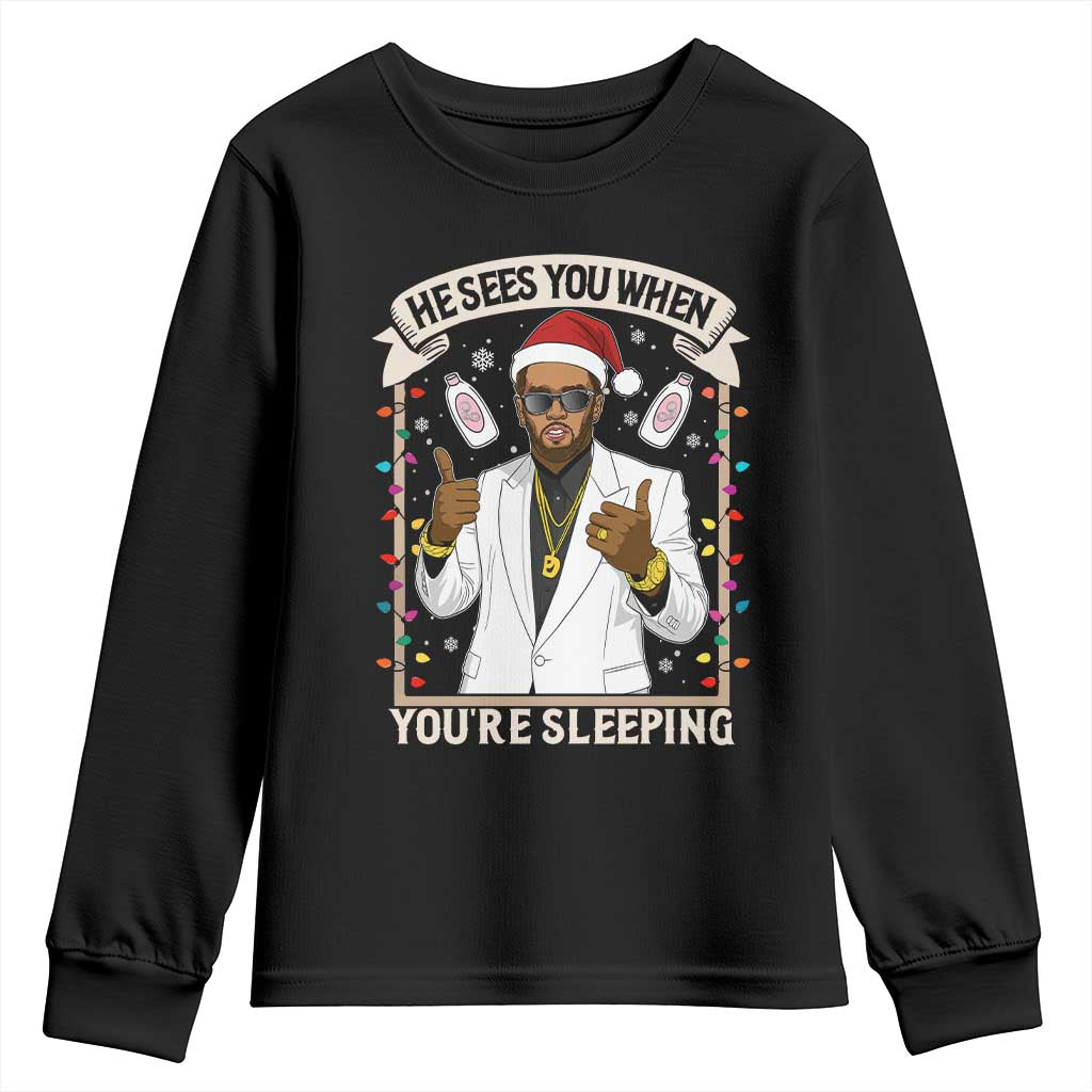 Funny Christmas Diddy Youth Sweatshirt He Sees You When Youre Sleeping Dirty Xmas Lights - Wonder Print Shop